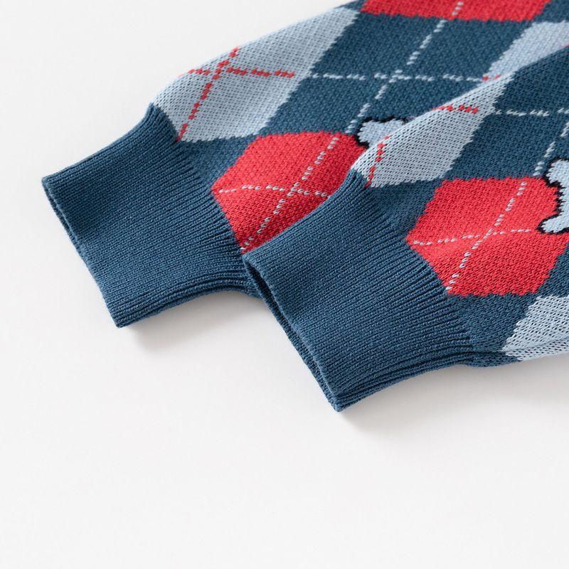 Children's Contrasting Color Argyle Sweater for Boys, Autumn and Winter Retro Polo Collar, Baby Boy's Long-Sleeved Knitted Shirt, Pure Cotton