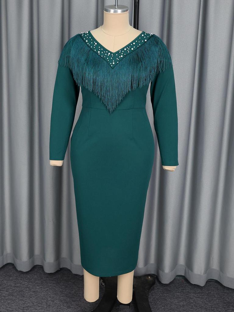 Plus Size Beaded Tassel Long Sleeve V-Neck Bodycon Maxi Dress - Elegant Formal Gown