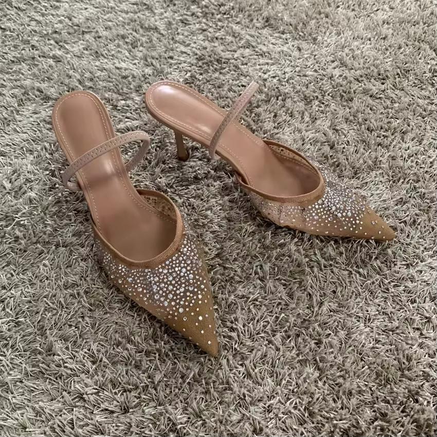Sandali Estivi da Donna Strass Rete Brillante Tacchi Alti Calzature Eleganti Slingback a Punta Slip on da Festa Scarpe Décolleté da Donna