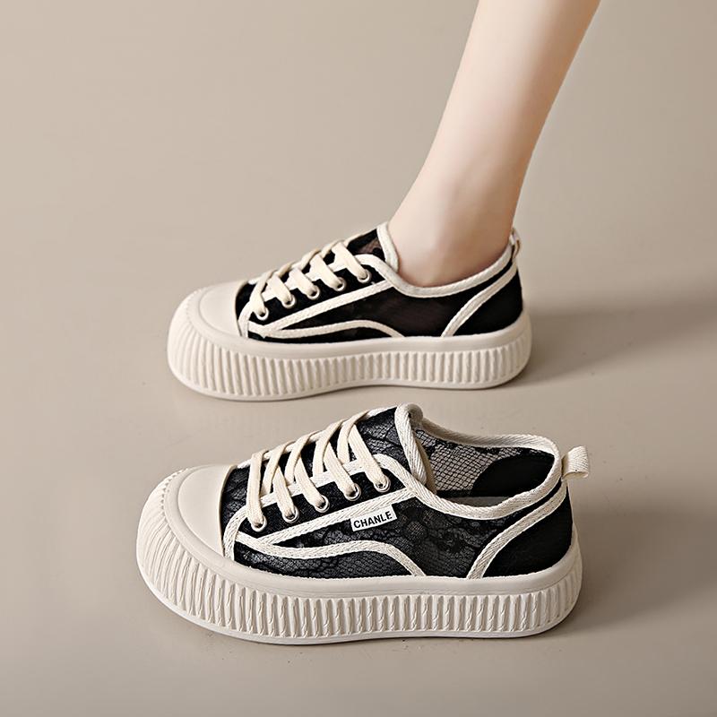 Fashion CRLAYDK Lace Jacquard Skate Shoes for Women Summer Breathable Low Top Walking Sneakers Ladies Lace Up Casual Platform Tennis