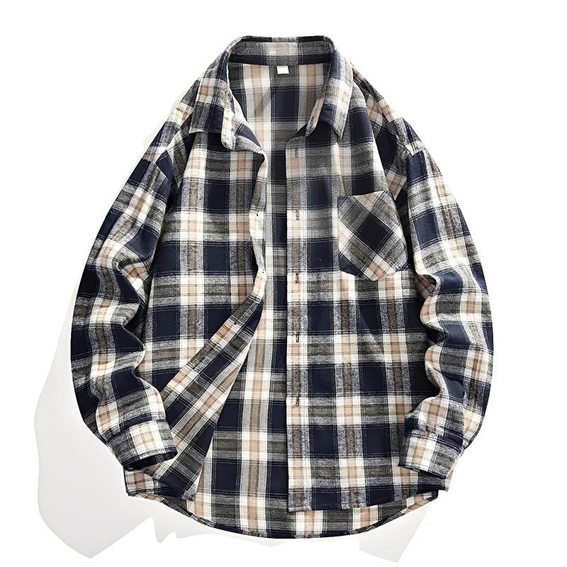 Men Plaid Long Sleeve Shirt Japanese Hong Kong Style Loose Casual Shirts New Trendy Brand All Match Outerwear