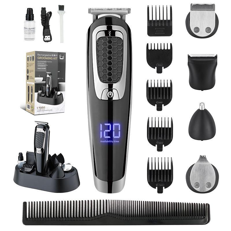 

Водонепроницаемая многофункциональная машинка для стрижки волос и электробритва 5-в-1 с зарядкой через USB и цифровым дисплеем. suit чёрный