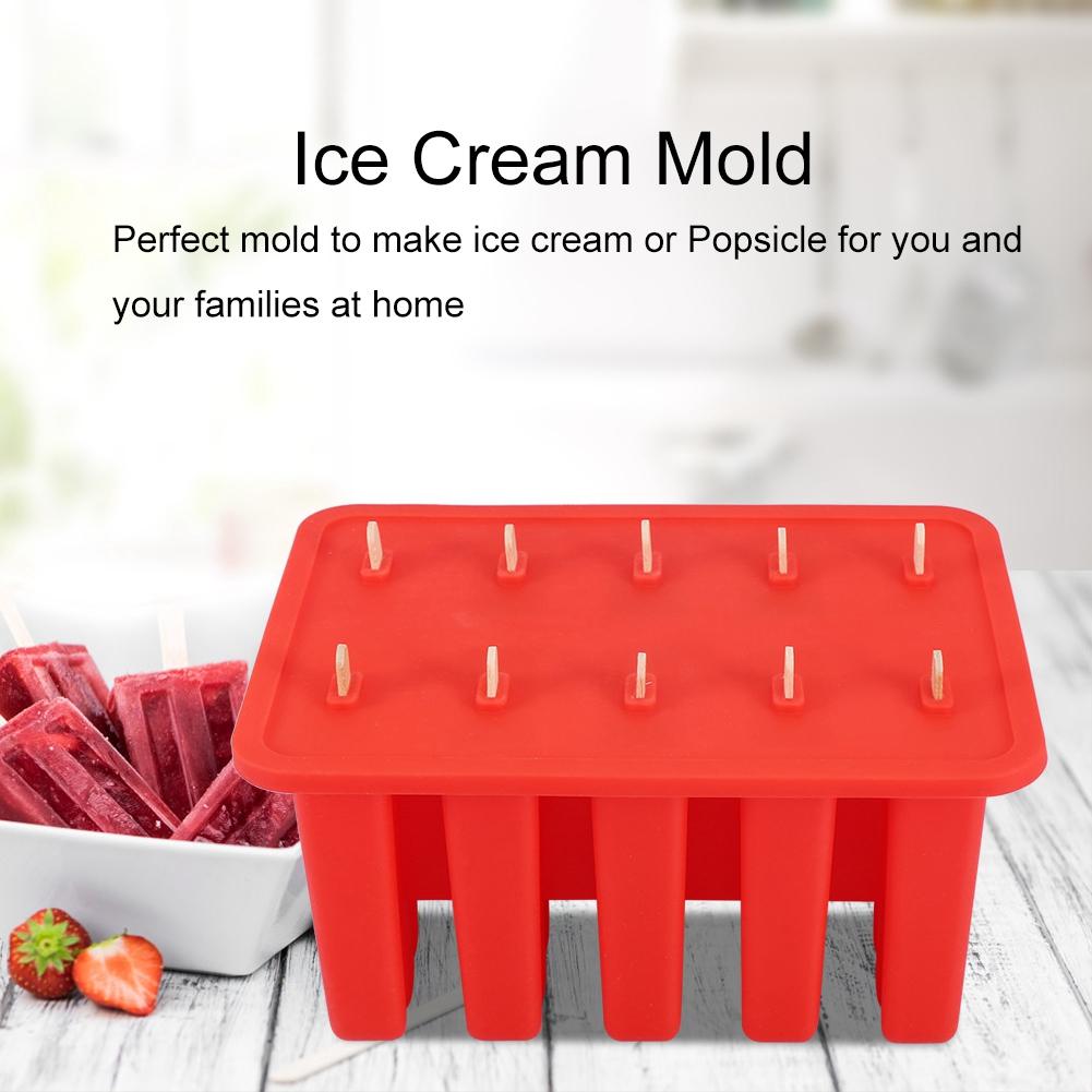 10 Cells Silica Gel Frozen Ice Cream Mold Popsicle Maker with 50 Sticks (Red)