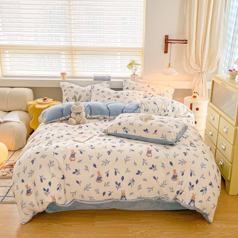 Winter Thick Warm Milk Coral Fleece Bedding Set Ins Fresh Duvet Cover Single