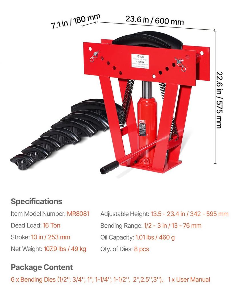 Hydraulic Pipe Bender, 16 Ton Manual Pipe Bending Tool with 8 Dies