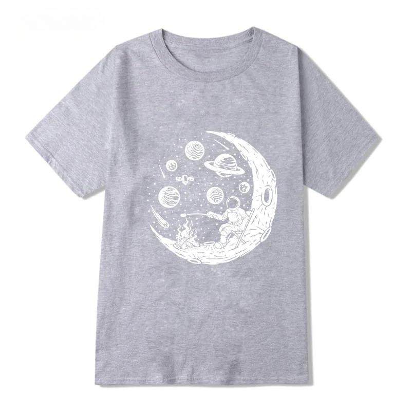 New Astronaut Moon Barbecue Funny Printed T-Shirt Men's Women  Vintage Crew Neck Loose Cotton Men Short Sleeve Oversized T-shirt