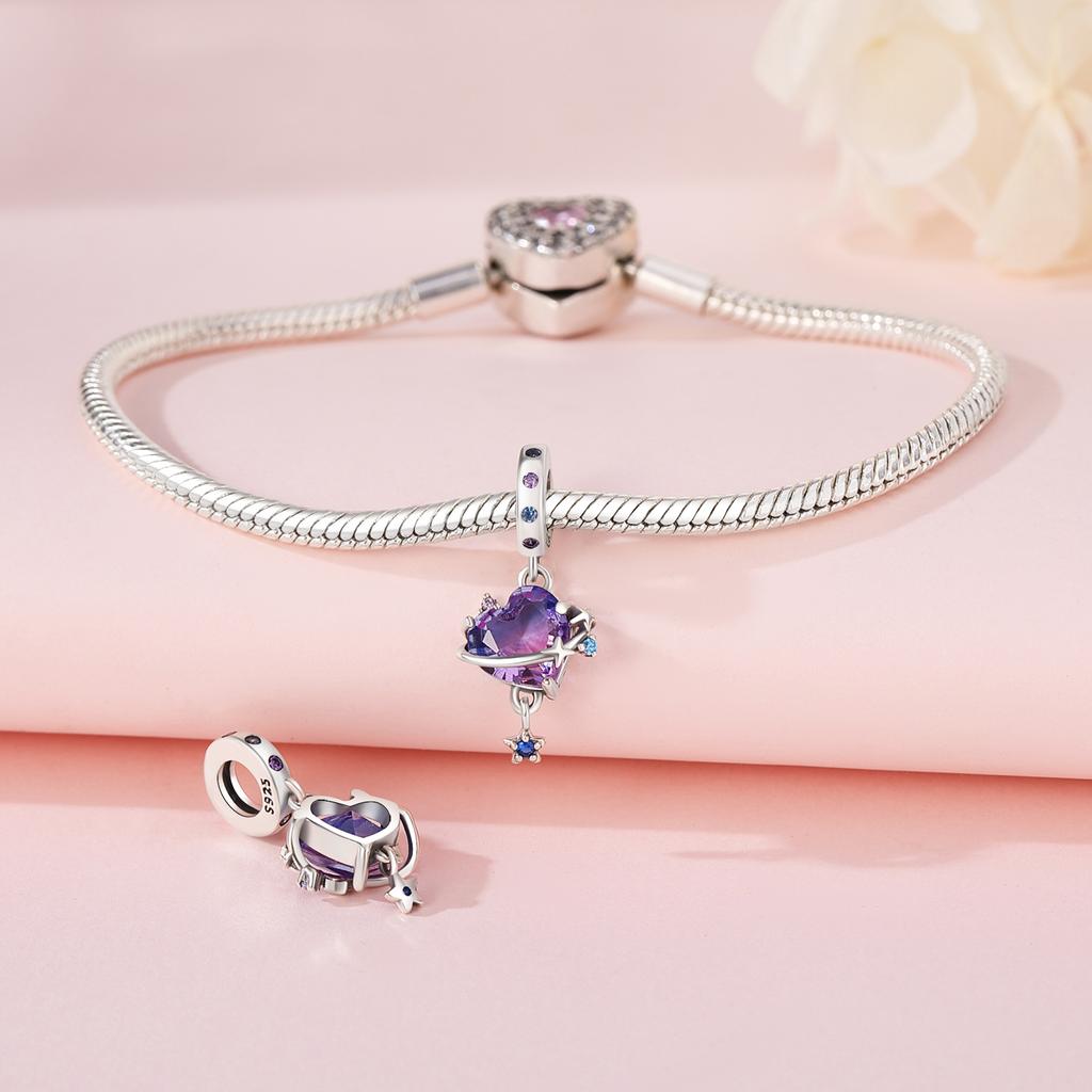 Authentic copper Charm Bead Charms Luxury Purple Heart Planet Pendant Bead Charms Compatible With Bracelets Diy Women Making Delicate Gift