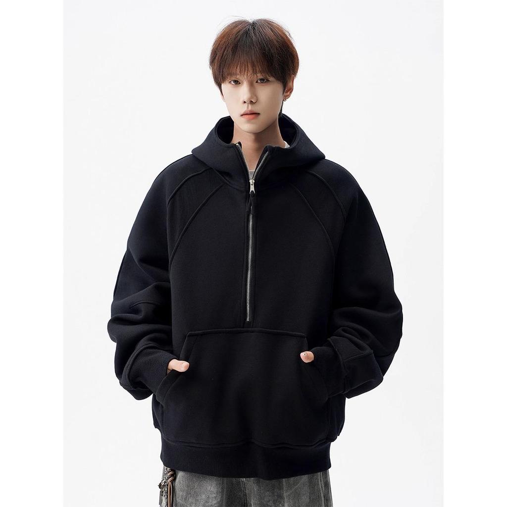 Men's Heavyweight High Street Half-Zip Hoodie - Autumn/Winter Casual Loose Fit Sweatshirt