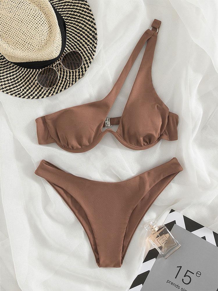 Sexy Bikinis Swimsuits Cut Out Women s Swimwear 2023 One Shoulder Biquini High Cut Bathing Suits Push Up Beach Bikini Set S коричневый