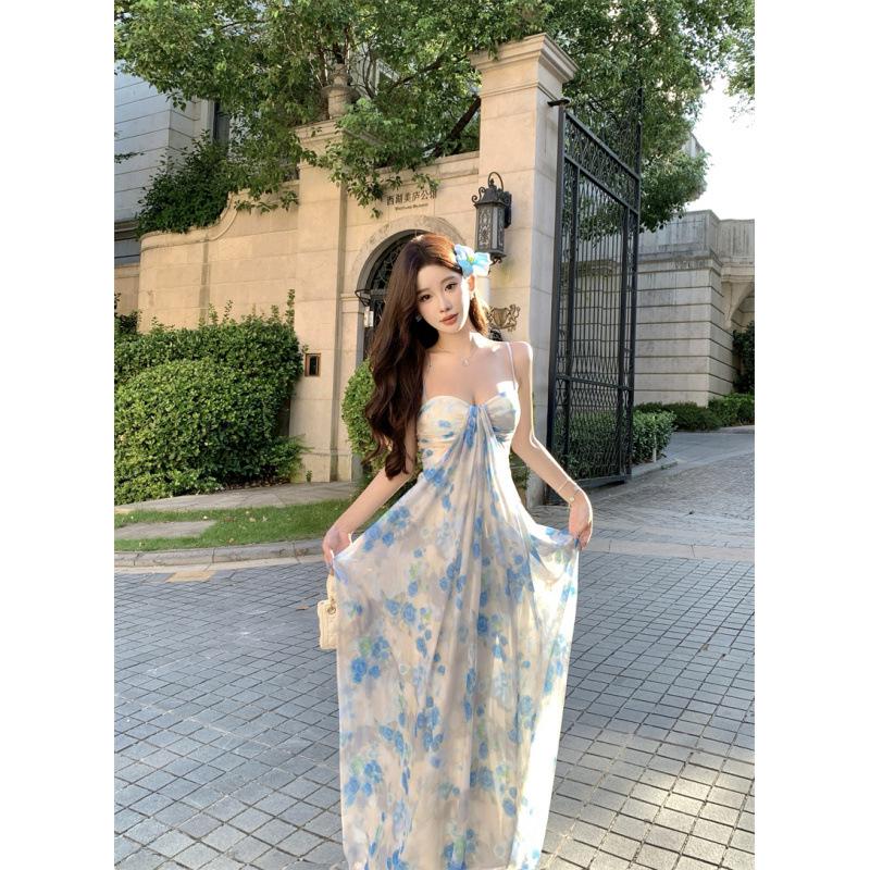 French Rose Print Temperament Tie-dye Tube Top Dress Female Sexy Pure Desire Slim Holiday Wind Fishtail Long Skirt