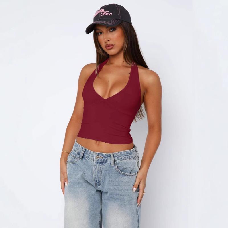 Women Sexy Halter V Neck Slim Fit Backless Cami Tank Top