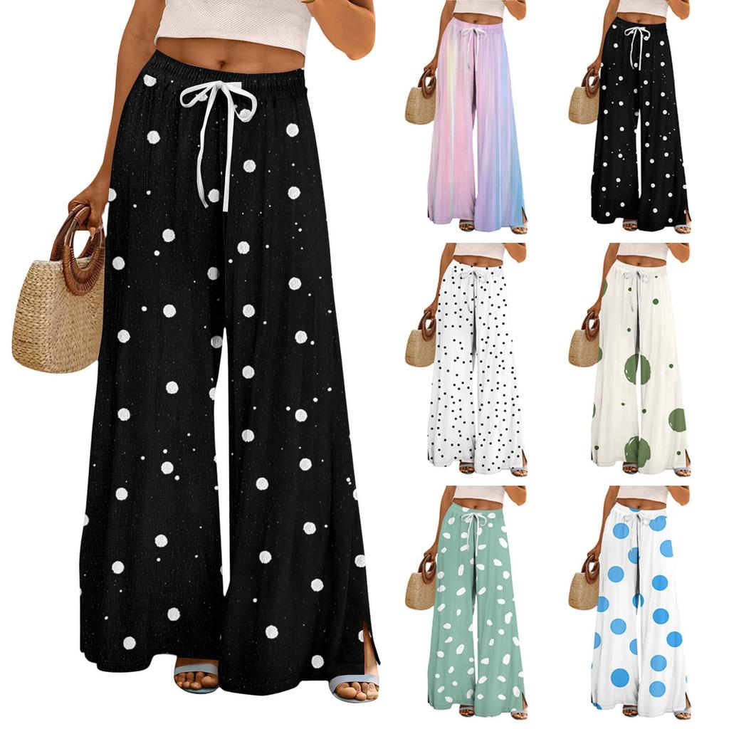 Damen Bedruckte Weitbeinige Hosen mit Taschen Hohe Taille Kordelzug Lockere Freizeit-Hosen