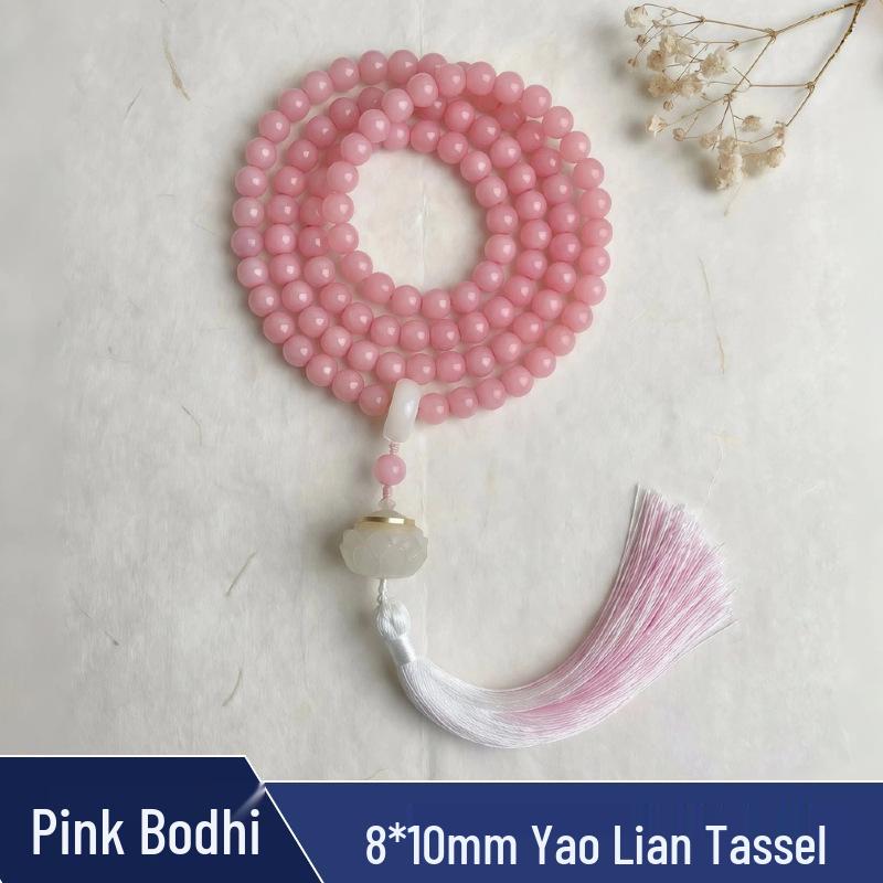 Zen Style Bodhi Root Bracelet with Lotus Pendant for Women, 108 Pink Beads