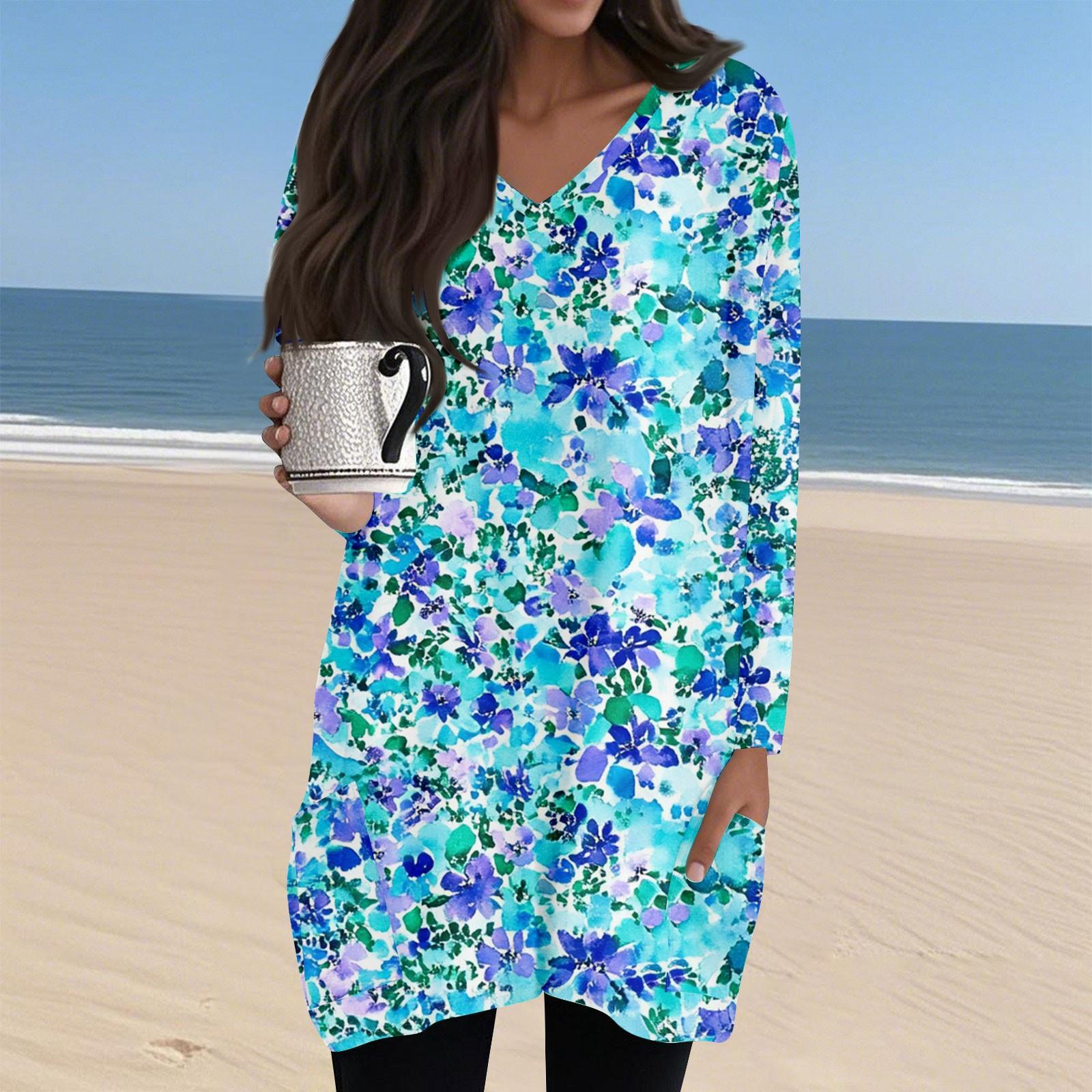 

Женский повседневный и модный топ с V-образным вырезом, цветочным принтом, средней длины, с карманом и длинными рукавами XL циан
