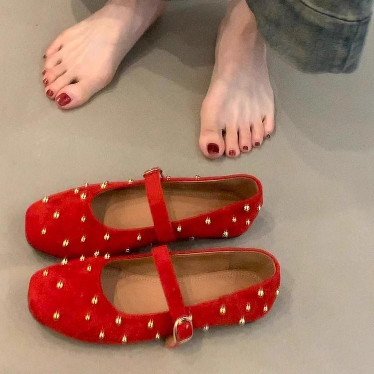 Weiche Lederversion~ Mary Jane Schuhe mit eckiger Spitze im Feenwindstil, Damen flachmündig mit Ein-Wort-Schnalle, Nieteneinschuhe, sanftes Temperament, Abendschuhe