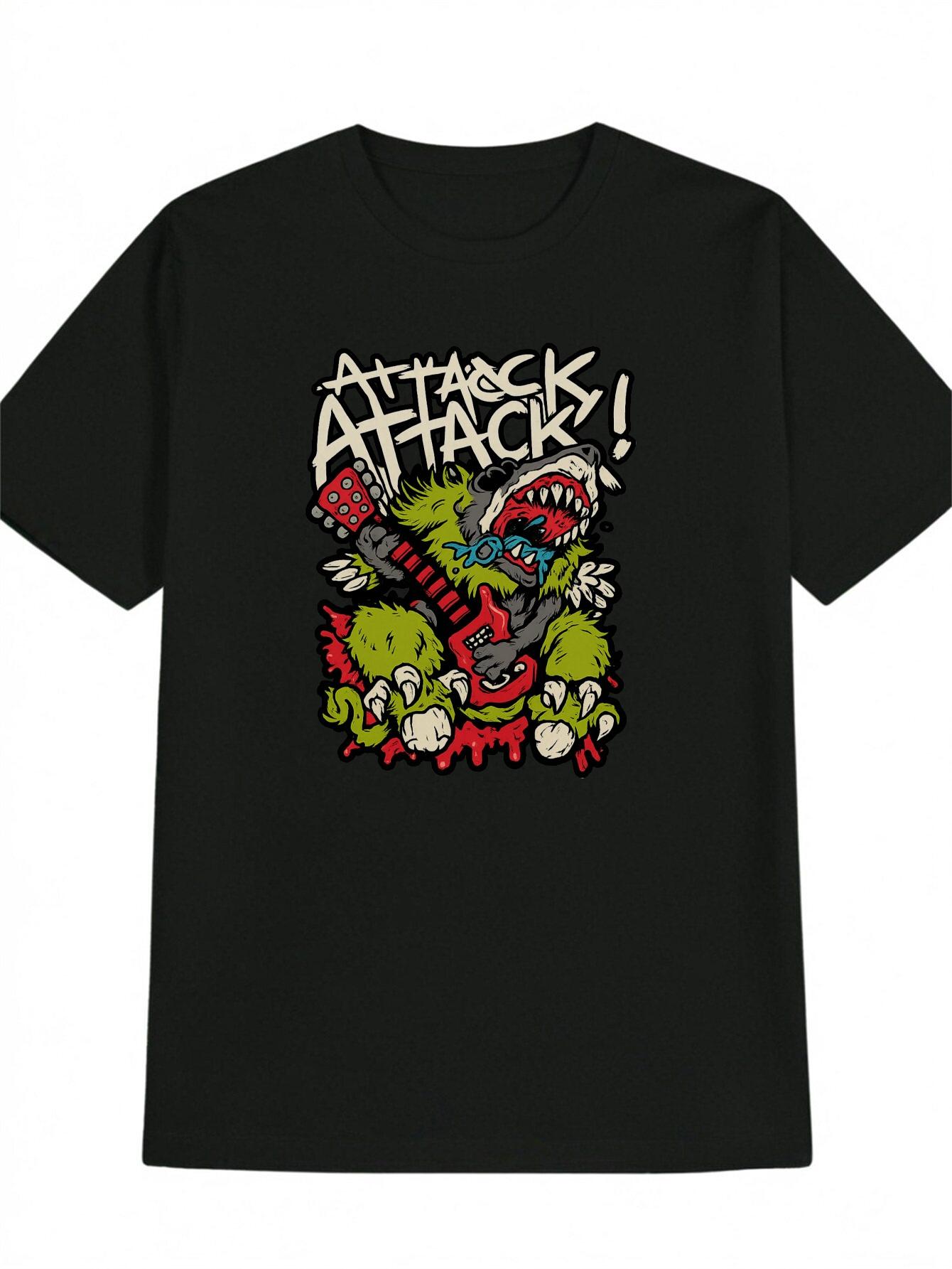 

Casual Graphic T-shirt - Black Monster Guitar & ALL ATTACK Print M