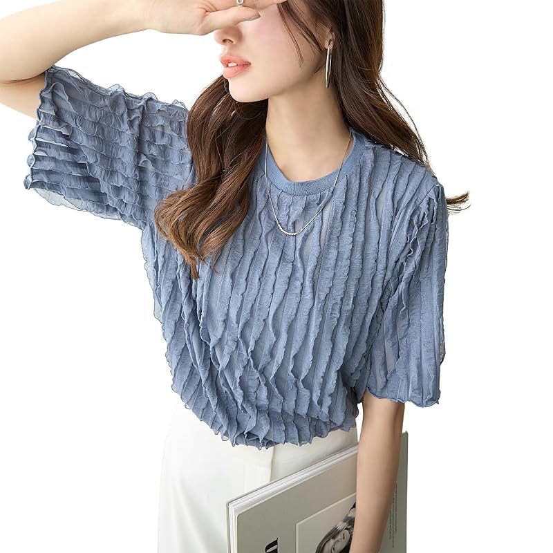 

[Redial] [redial] Swinging frill T-shirt ladies tunic cut and sew pullover T-shirt short sleeve frills jacquard Relaxing long blue gray M 60881 5402