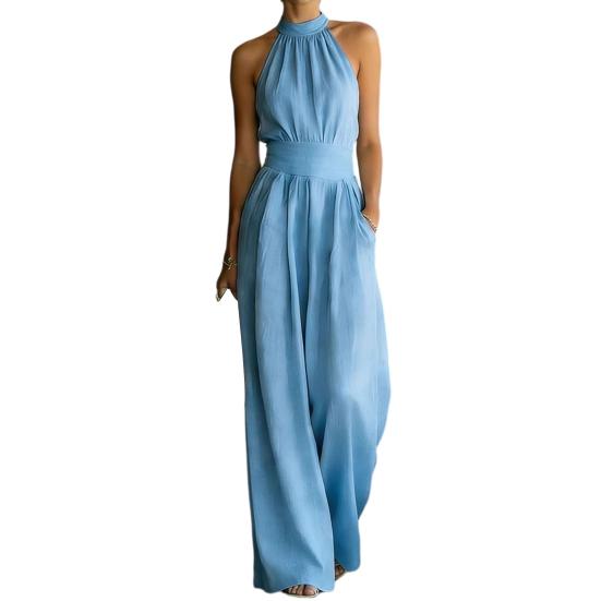 Women's Halter Neck Jumpsuit, Sleeveless Casual Wide Leg Rompers, Summer High Waist One Piece Outfits with Pockets