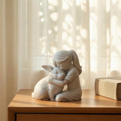 Pige og Kanin Figur, 3D Printet Pige Omfavner Kanin Statue, Lille Sød Dyrepynt til Stue, Skrivebord, Skab Indretning