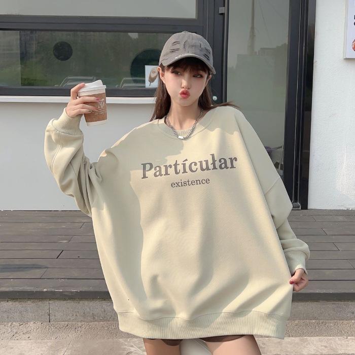 Fleece ins English Loose Casual Sweater Women s Autumn and Winter Jacket Simple Crew Neck Long Sleeve Women s Clothing 3XL абрикосовый