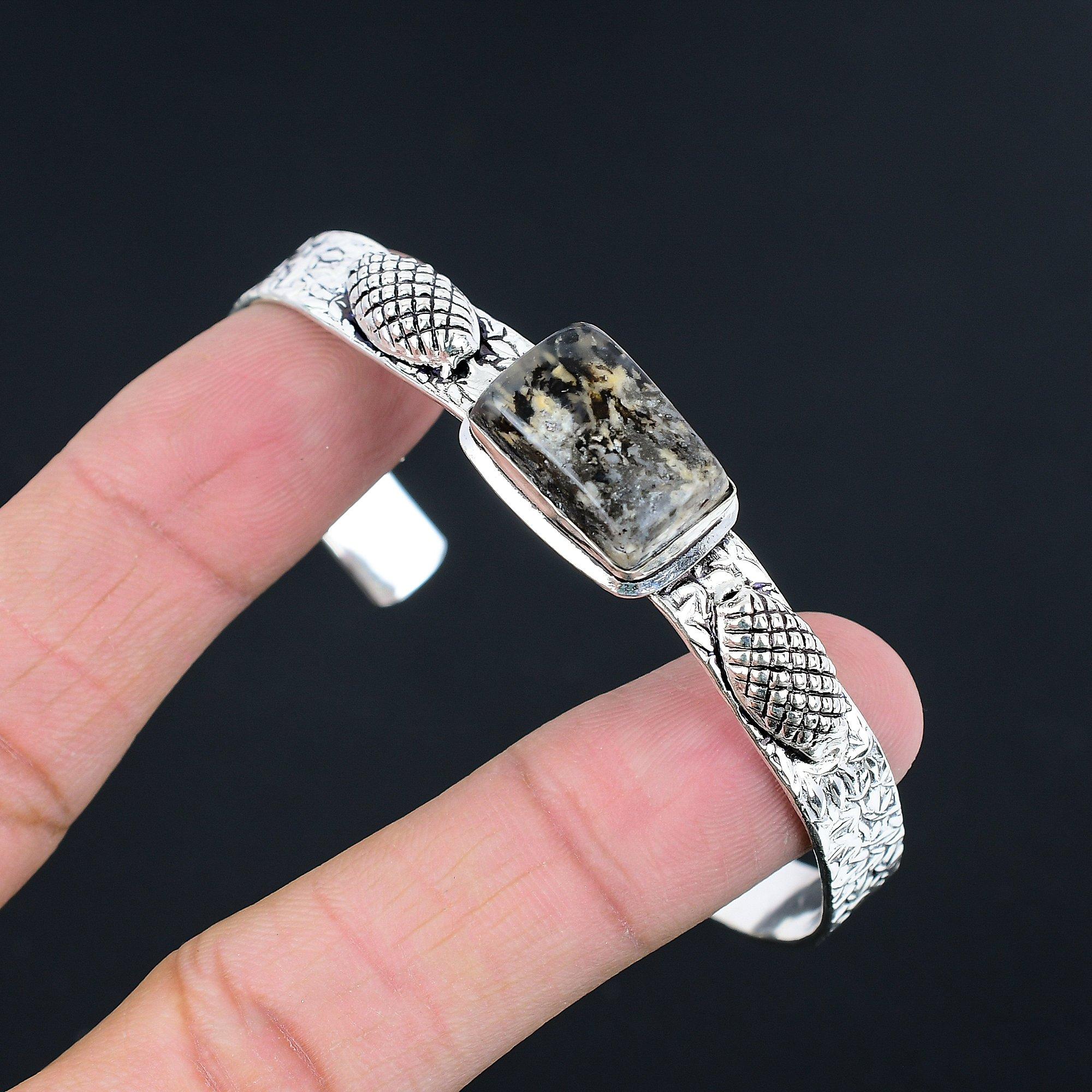 

Sisters Day Deal Dendritic Tiger Stone Sterling Silver Artisan Bangle Jewelry Adjustable