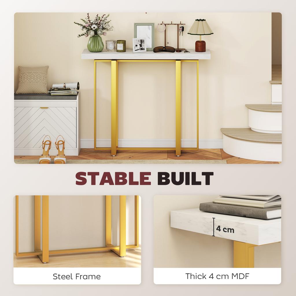 Console Table with Faux Marble Top, 100 Cm Narrow Entryway Table with Anti-tipping Device, Steel Frame, White