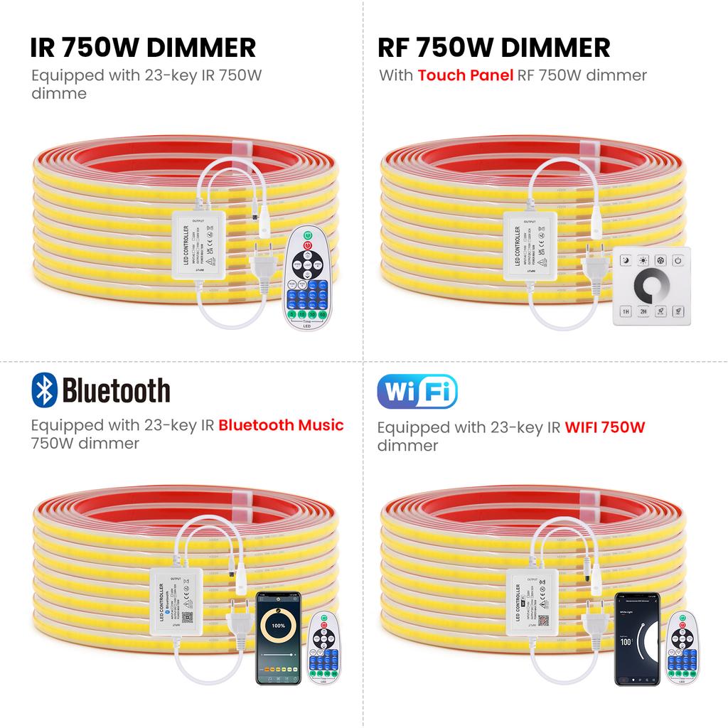 Tuya WiFi Bluetooth 220V Dimmable COB LED Strip Light Flexible Tape Ribbon 288LEDs Density Linear IP67 Waterproof Rope Light