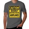Caution Easily Distracted By Airplanes AirShow Pilots TShirt Comfortable Basic Crew Neck Tee