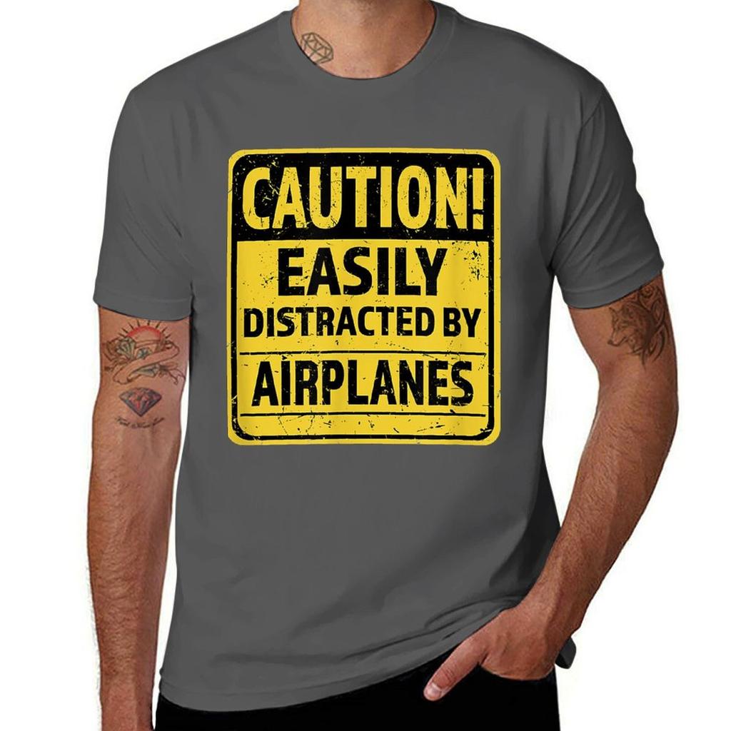 Caution Easily Distracted By Airplanes AirShow Pilots TShirt Comfortable Basic Crew Neck Tee