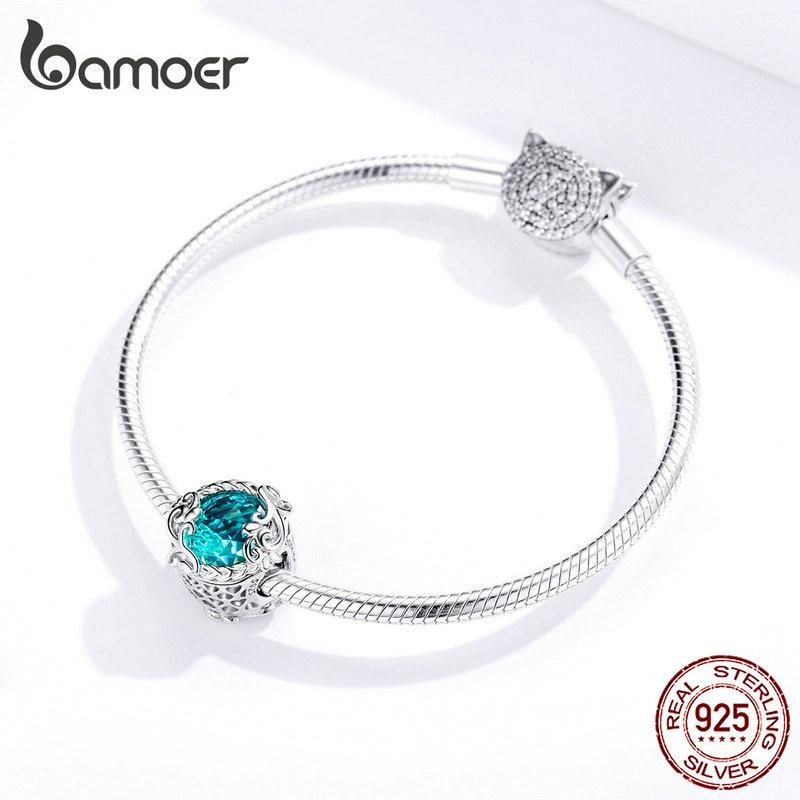BAMOER 925 Silver Winding Blue Round Beads for Jewelry Making Blue Glass Crystal Charm Fit Bracelet