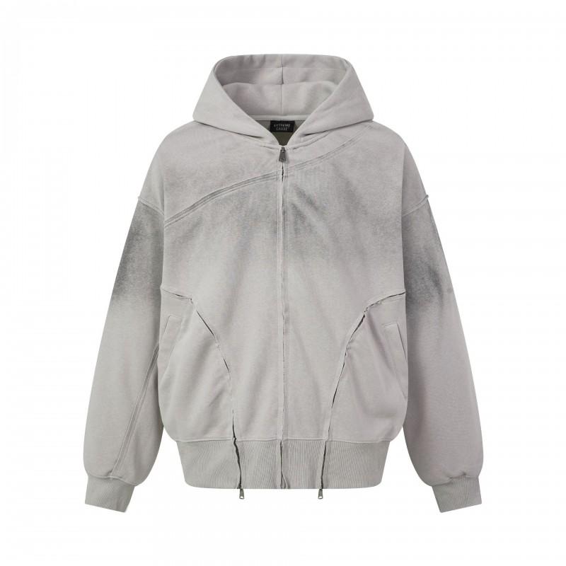 Mens Oversized Distressed Hooded Zip-Up Sweatshirt Streetwear Cotton Pullover Fall Casual Jacket
