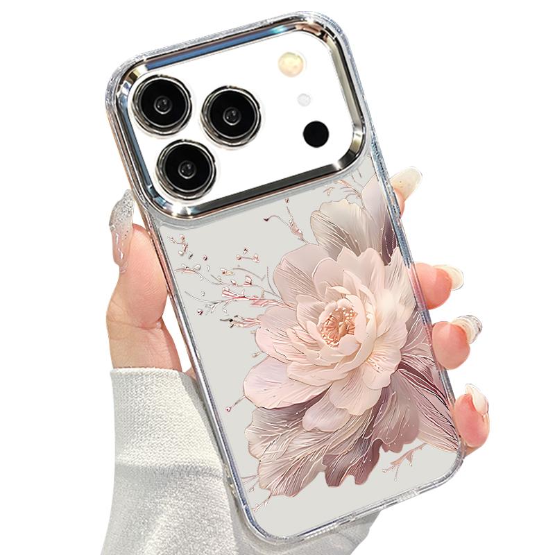 Pink Peony Floral Pattern Case For iPhone 17 Pro Max Plating Lens Frame Clear Soft Cover For iPhone 16 15 14 13 Pro Max 11 16E 17E