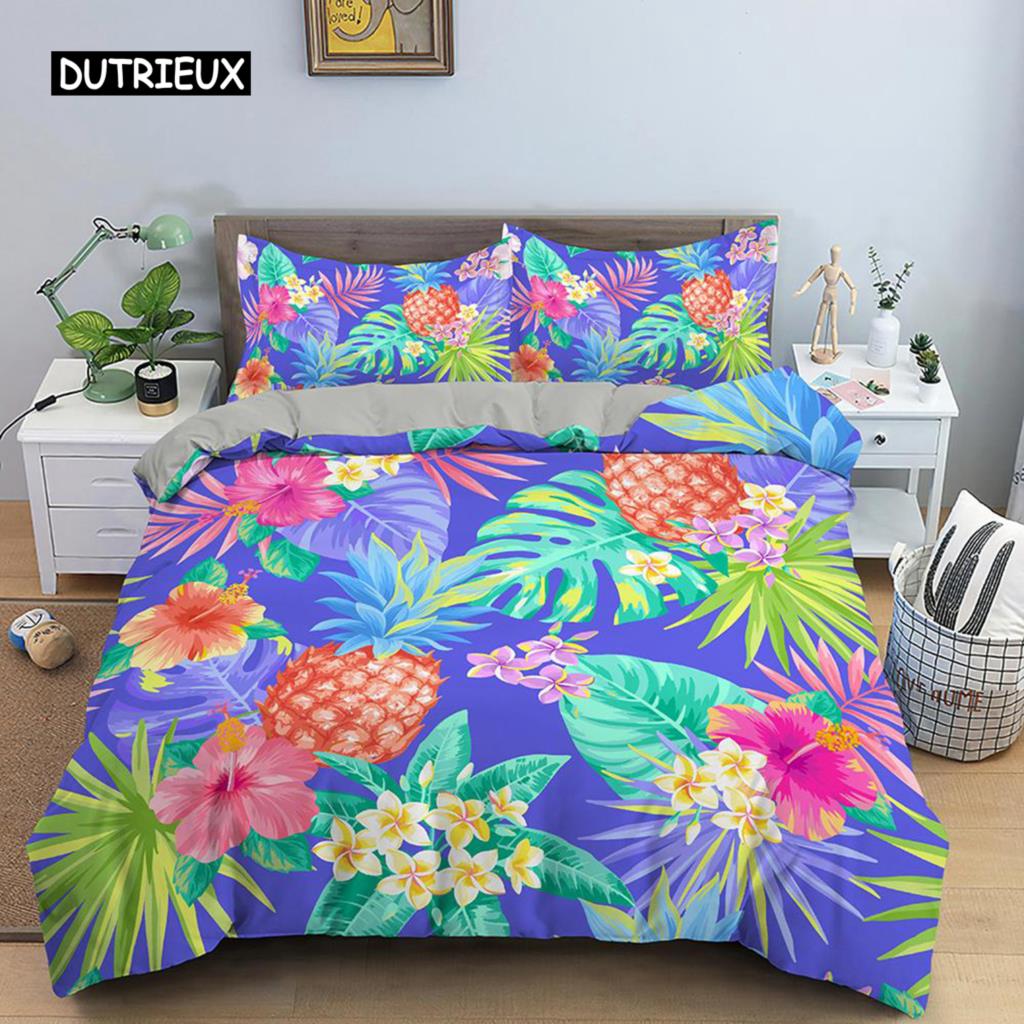 Flamingo Duvet Cover Set Purple Tropical Botanical Bedding Set Coral Flamingo Soft Breathable Queen King Polyester Quilt Cover