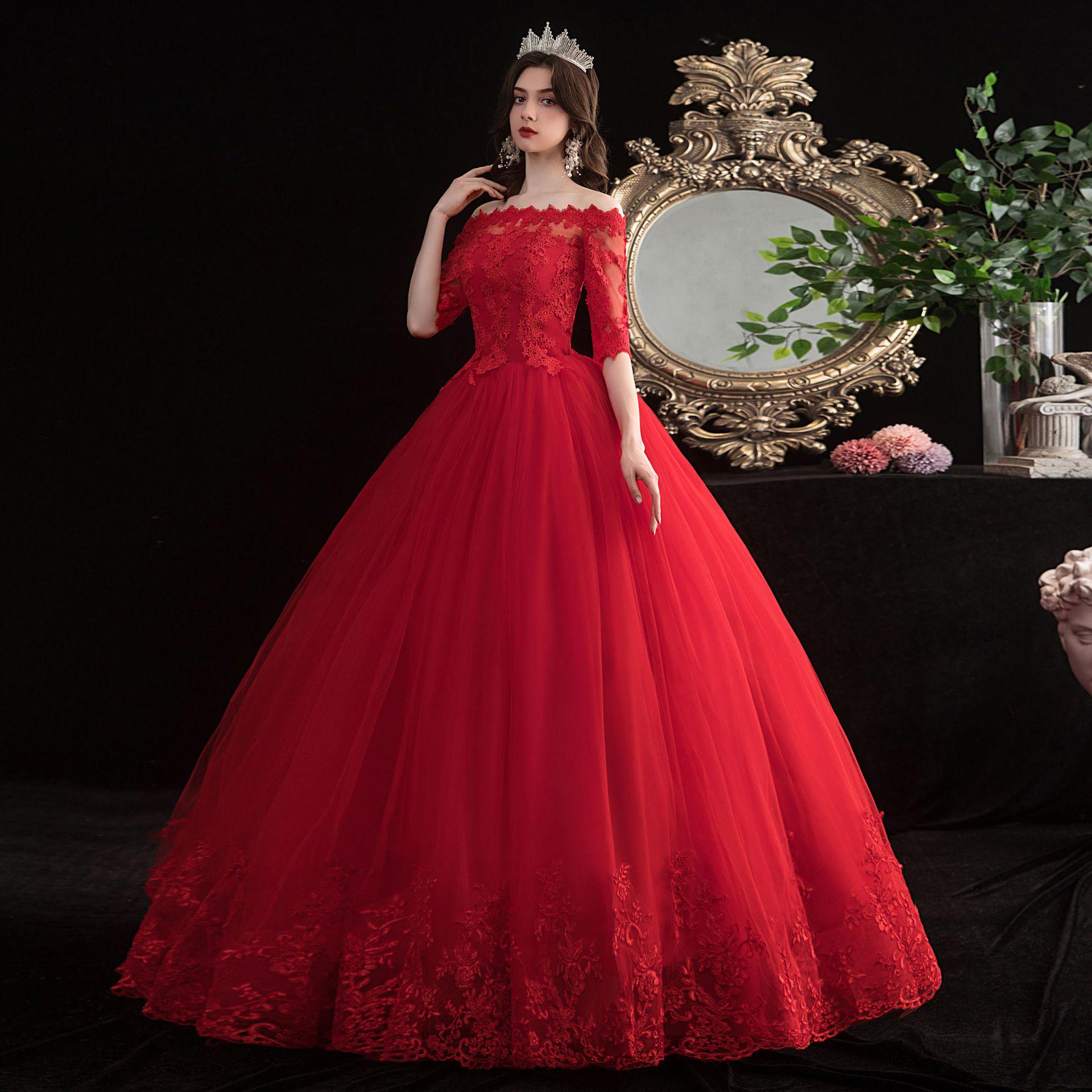 

2025 Простое корейское свадебное платье большого размера с открытыми плечами и рукавами средней длины для весны/лета Triple Extra Large красный