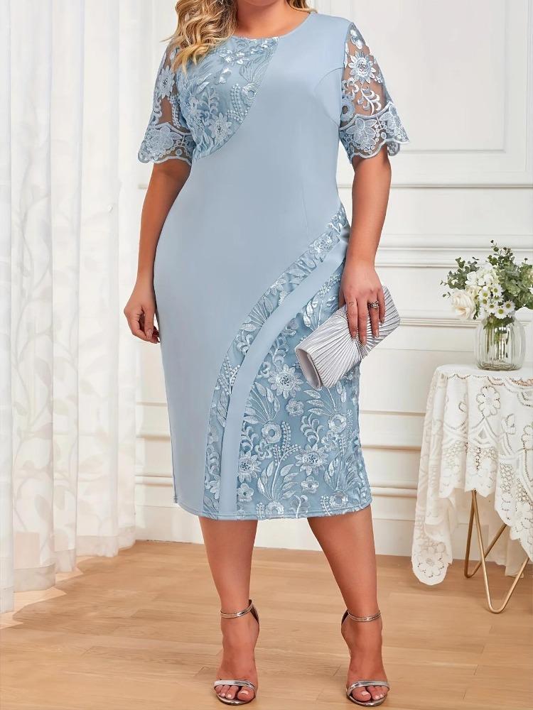 Abito estivo taglie forti da donna con inserti in pizzo, abito a tubino elegante da lavoro e da festa, tinta unita, girocollo, manica corta