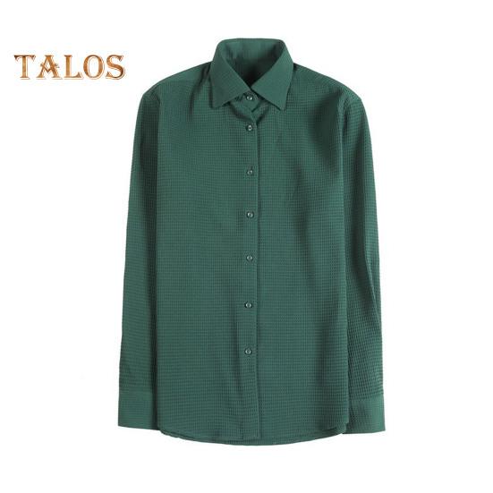 Men Spring Fall Shirt Frence Style Turn-down Collar Slim Fit Waffle Texture Single-breasted Long Sleeves Pure Color Mid Length Young Formal Business