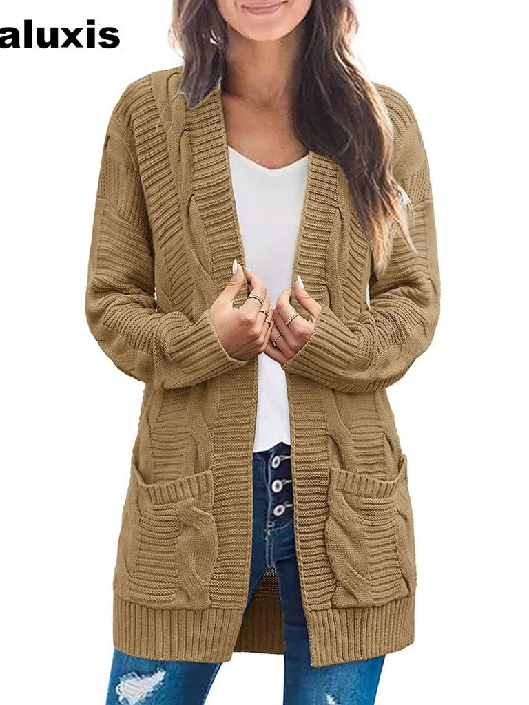 New Chunky Cable Knit Long Sleeve Cardigan for Women Autumn Winter