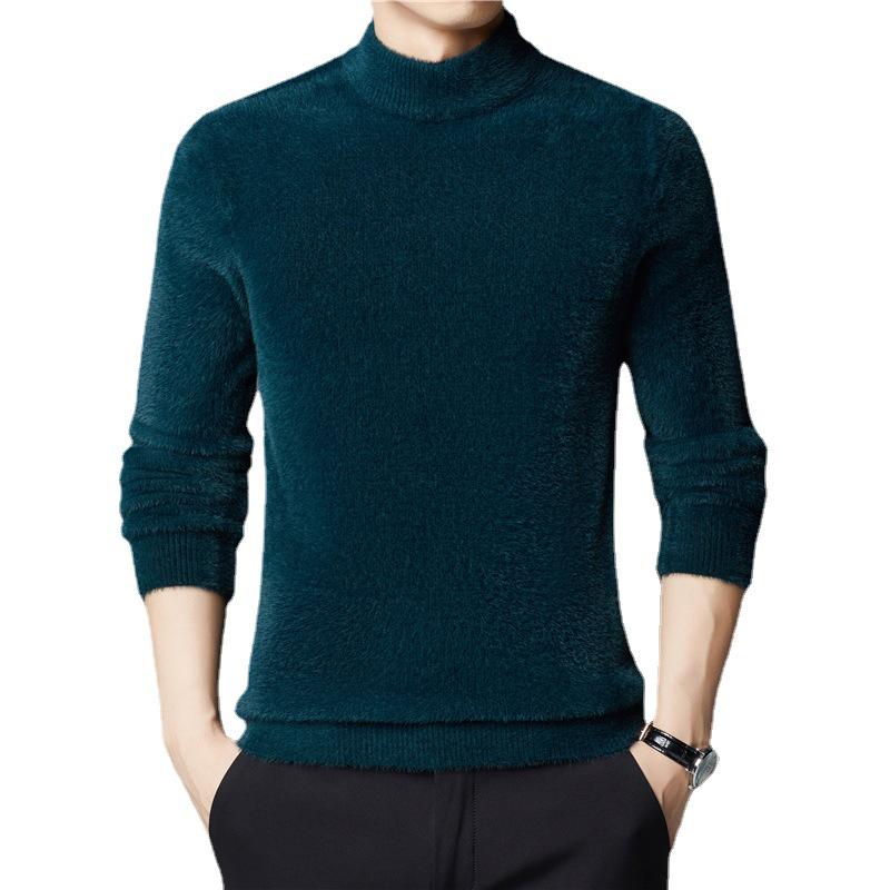 Men's Thick Chenille Velvet Turtleneck Sweater with Golden Carving