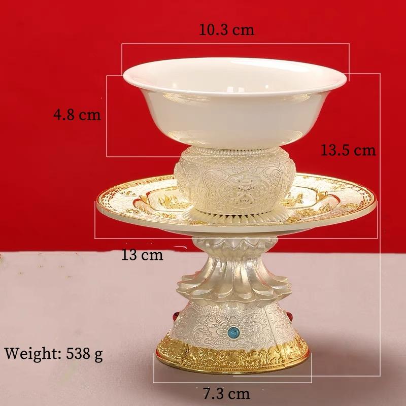 Tibetan Tantric Alloy Tall Tray Auspicious Tribute White Porcelain Buddhism Plate Home Gift Indoor Altars Desktop Decorative