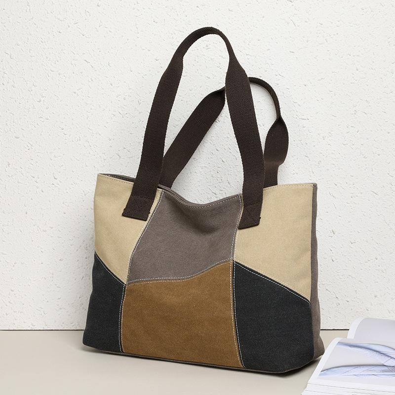Yogodlns New Spliced Canvas Women's Shoulder Bag Large-capacity Portable Messenger Bag Casual Ethnic Style Contrasting Color Bag