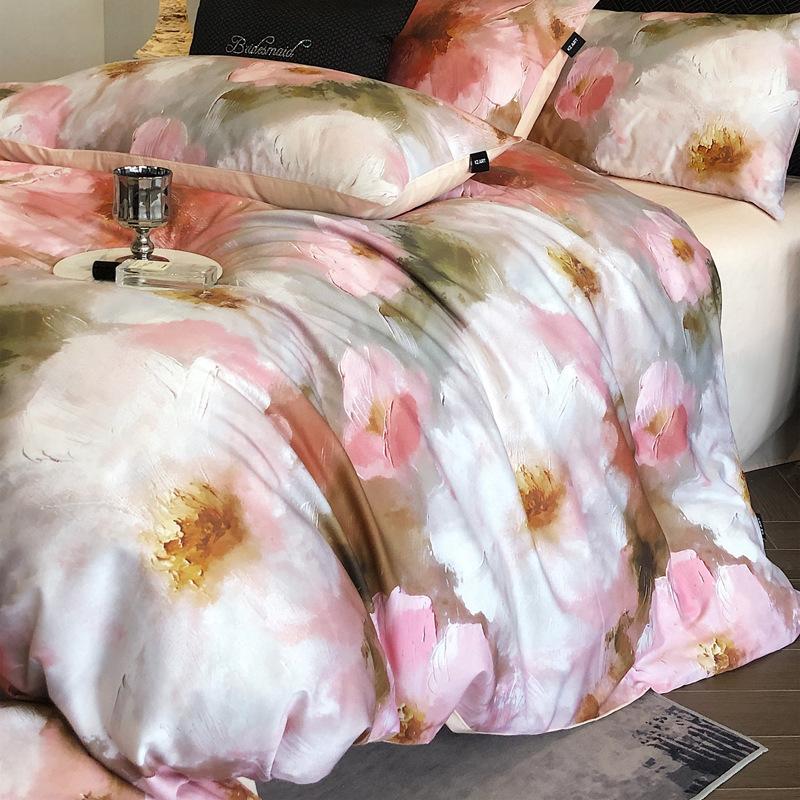 French Pastoral Oil Painting Style 100S Pure Cotton Satin Long-Staple Cotton Four-Piece Digital Printing Bedding