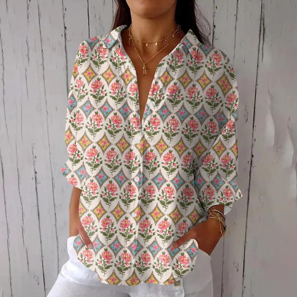 Women's Fashion Seven Sleeve Casual Lapel Back Tie Shirt Printed T-Shirt Top