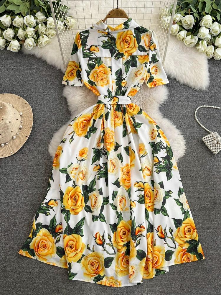 Vestido de pasarela con estampado de diseñador para mujer, elegante vestido de fiesta con cuello vuelto y camisa rosa amarilla