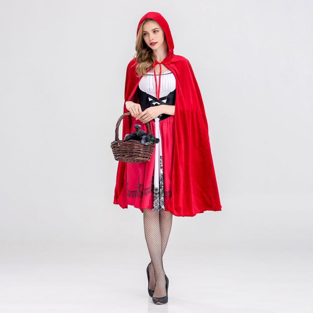 Hooded Cape Dress Women's Little Witch Maid Halloween Costume Set with Red Hat Cloak Dress Cosplay Outfit for Party Stage Show