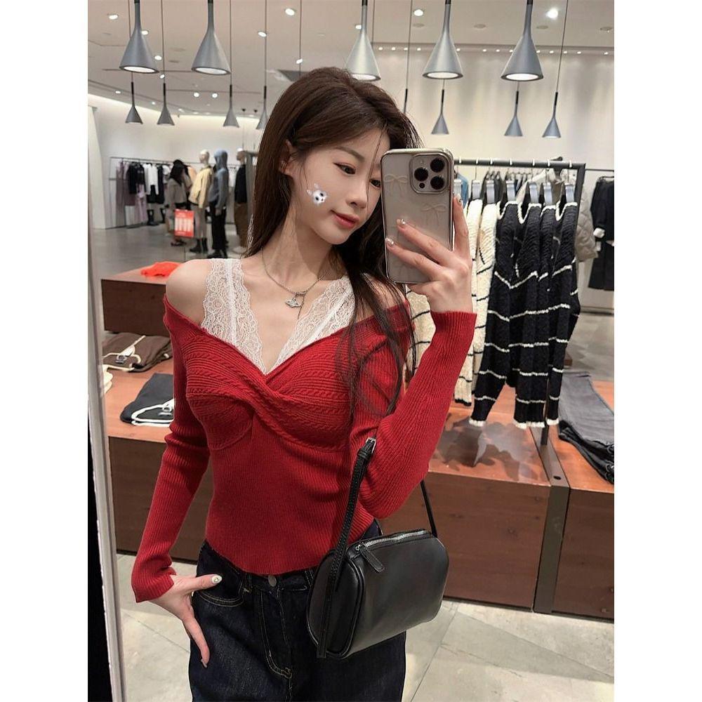 Elegant Red Lace Patchwork V-Neck Off-Shoulder Knitted Sweater - Autumn/Winter Slimming Short Knitwear