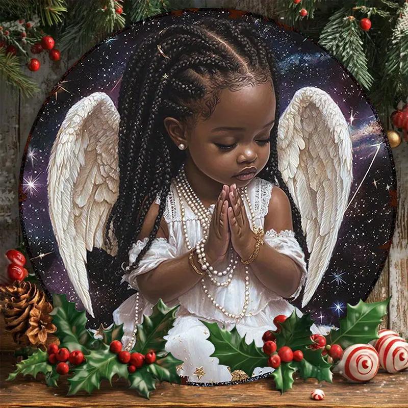 1 Piece, 2D Circular Flat Printing, Wooden African Angel Doll Logo (8x8 Inches), Angel Wings/ Golden Little Angel Logo, Suitable for Home/ Garage