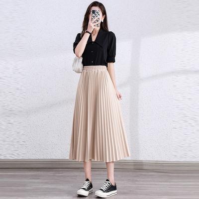 Spring Autumn Preppy Style Elegant Fashion Pleated Skirt Women Elastic Waist Solid Temperament All-match Skirts