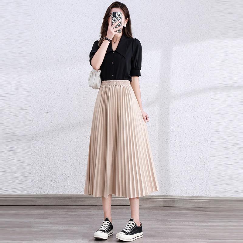 Spring Autumn Preppy Style Elegant Fashion Pleated Skirt Women Elastic Waist Solid Temperament All-match Skirts