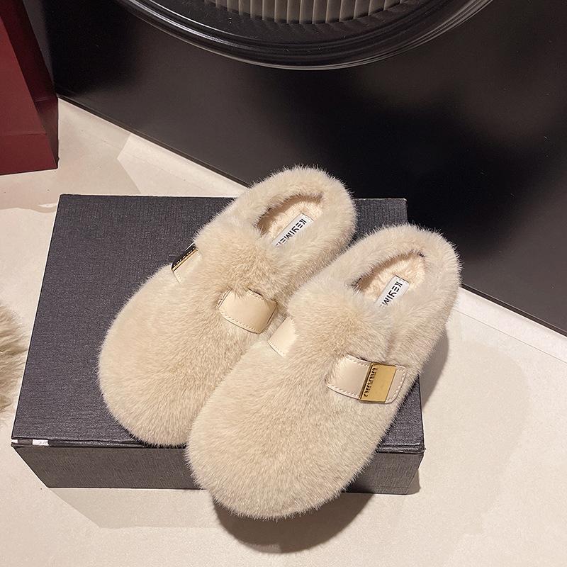 Premium Bag Head Fluffy Slippers Women's Outer Wear 2025 Autumn and Winter New Lazy One-pedal Flat-bottomed Velvet Cotton Slippers