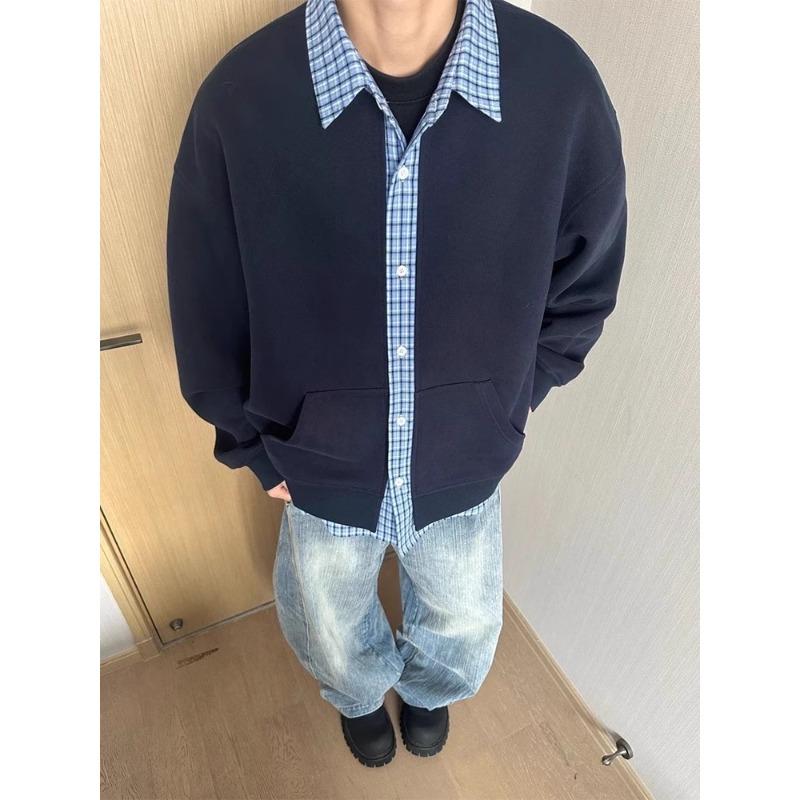 Retro Fake Two-piece Sweater Cardigan Men's Autumn Plaid Couple Coat